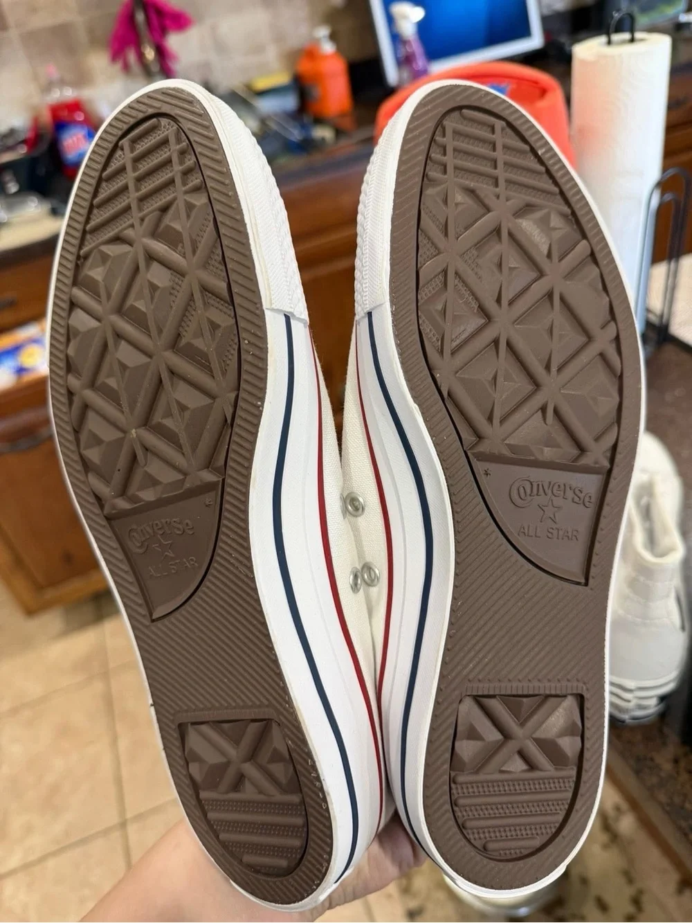 Converse White High Top Sneakers with Red & Blue Stripes